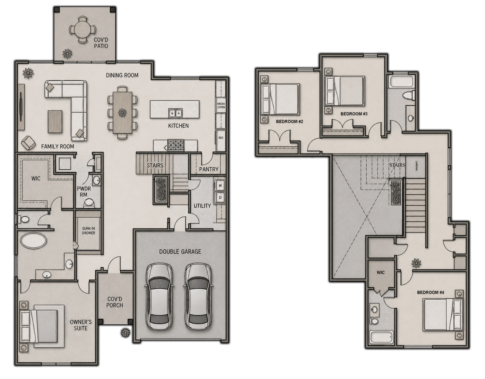A detailed floor plan for a two-story residence featuring a spacious double garage, inviting family room, modern kitchen, dedicated dining area, expansive owner’s suite, and two upstairs bedrooms. The layout includes three bathrooms, a walk-in pantry, utility space, convenient stairs connecting both levels, abundant closets for storage needs, and a covered patio ideal for outdoor living.