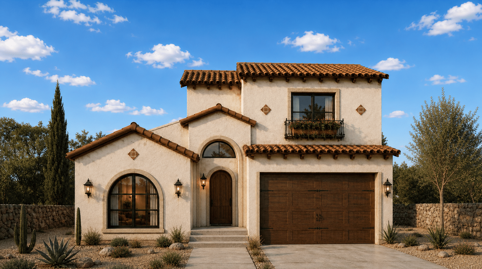 A striking two-story stucco residence features a classic red tile roof, an inviting arched wooden entryway, spacious wood-paneled garage, and a balcony decked with vibrant flowers. Decorative lantern lights illuminate the property’s meticulously designed desert landscaping, all set beneath a bright blue sky dotted with scattered clouds.