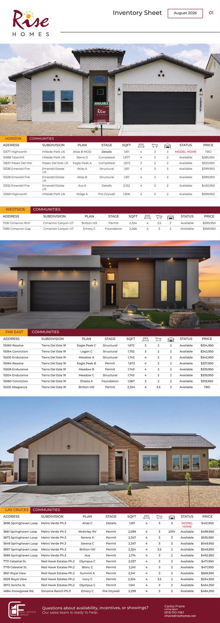 Rose Homes’ August 2023 inventory sheet presents images of three featured homes, each accompanied by detailed listings that include address, community name, model type, construction stage, bedroom and bathroom count, square footage, current pricing, and availability status for prospective buyers.