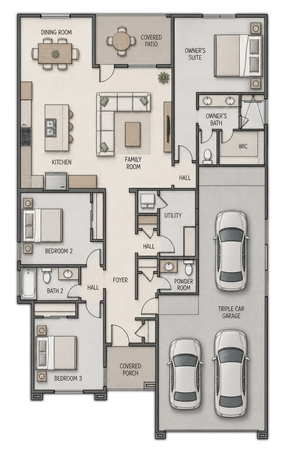 Illustrated ARBOR three-bedroom, two-and-a-half-bath floor plan with an easy-to-follow lifestyle flow from the covered porch and foyer to the family room, dining room and island kitchen with pot filler, then to the owner's suite with walk-in closet and shower, two secondary bedrooms, powder room, utility area, covered patio and three-car garage.