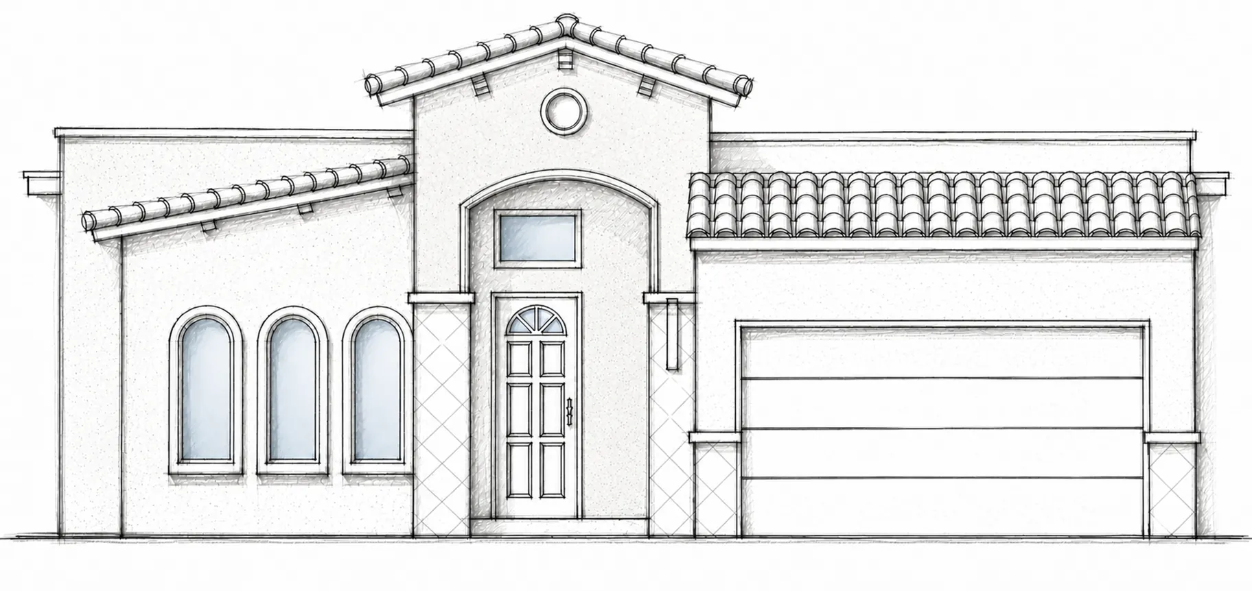 ARBOR B hand-drawn 2D architectural sketch of a Spanish-inspired front elevation with clay-tile rooflines and arched windows.