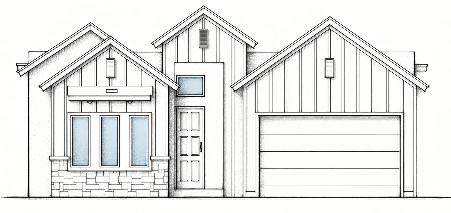 ARBOR C hand-drawn 2D architectural sketch of a modern farmhouse front elevation with layered gables and a stone-accented window bay.