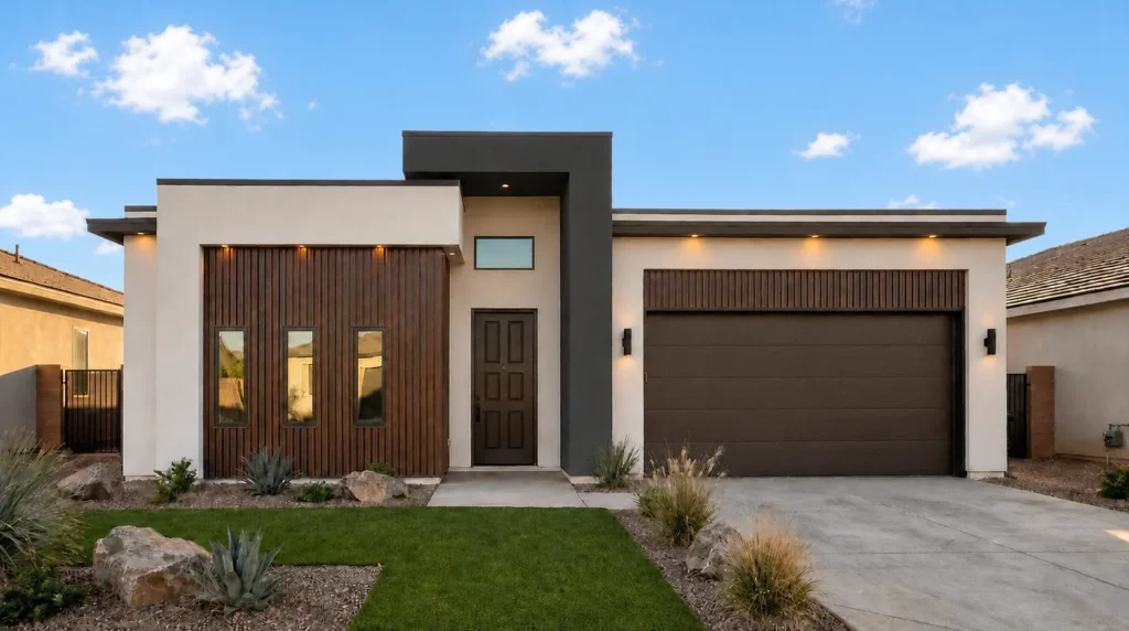 Arbor by Rise Homes with a dark central entry portal, wood-accented window wall, low rooflines, and right-side two-car garage.