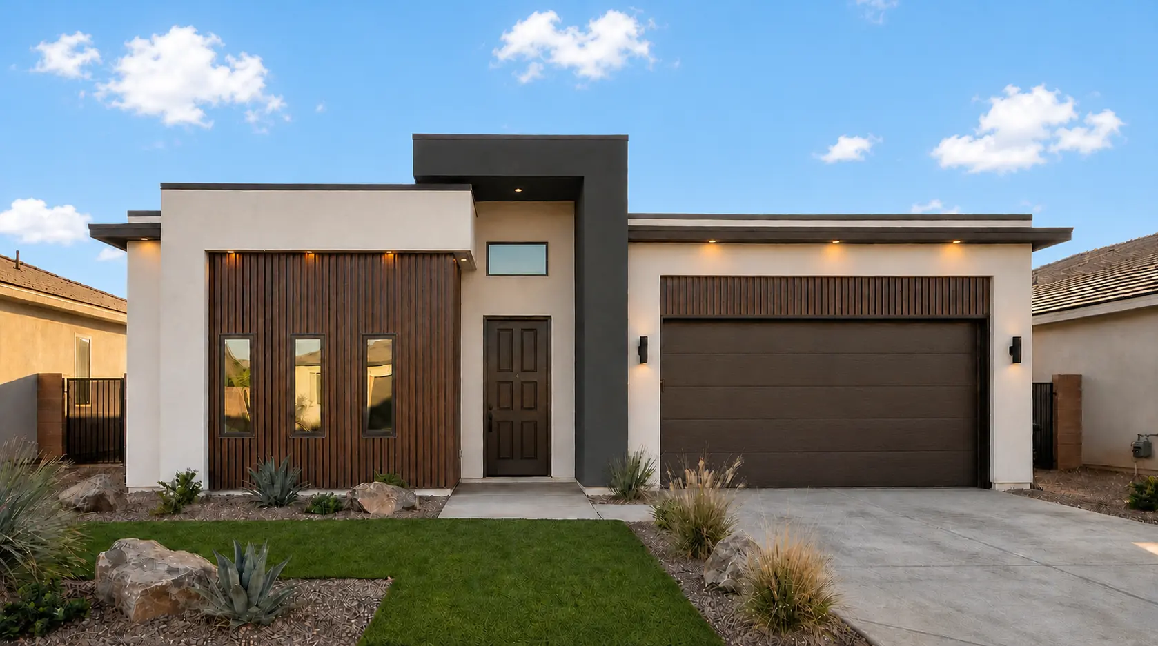 Arbor by Rise Homes with a dark central entry portal, wood-accented window wall, low rooflines, and right-side two-car garage.