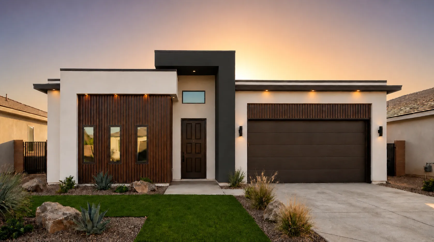 ARBOR by Rise Homes El Paso Las Cruces natural golden-hour illuminated NEW home soft sunrise glow centered behind the home warm pale gold/peach near the horizon