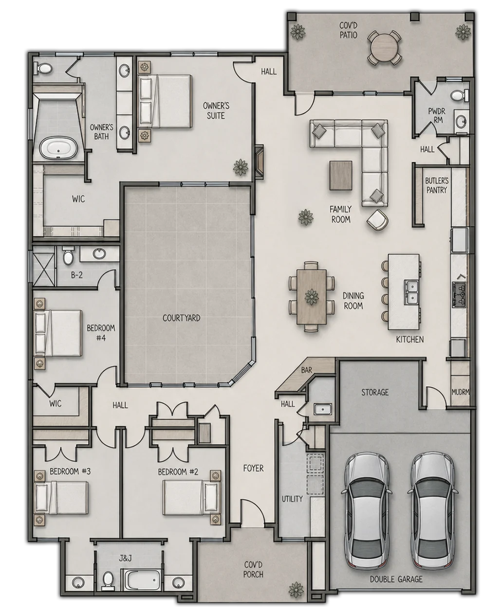 Illustrated ASPEN four-bedroom, three-and-a-half-bath courtyard floor plan with an easy-to-follow lifestyle flow from the covered porch and foyer around a central courtyard to open family, dining and gourmet kitchen spaces with pot filler and butler's pantry, then to the owner's suite with freestanding tub, secondary bedrooms, powder room, bar, mud room, covered patio and two-car garage.
