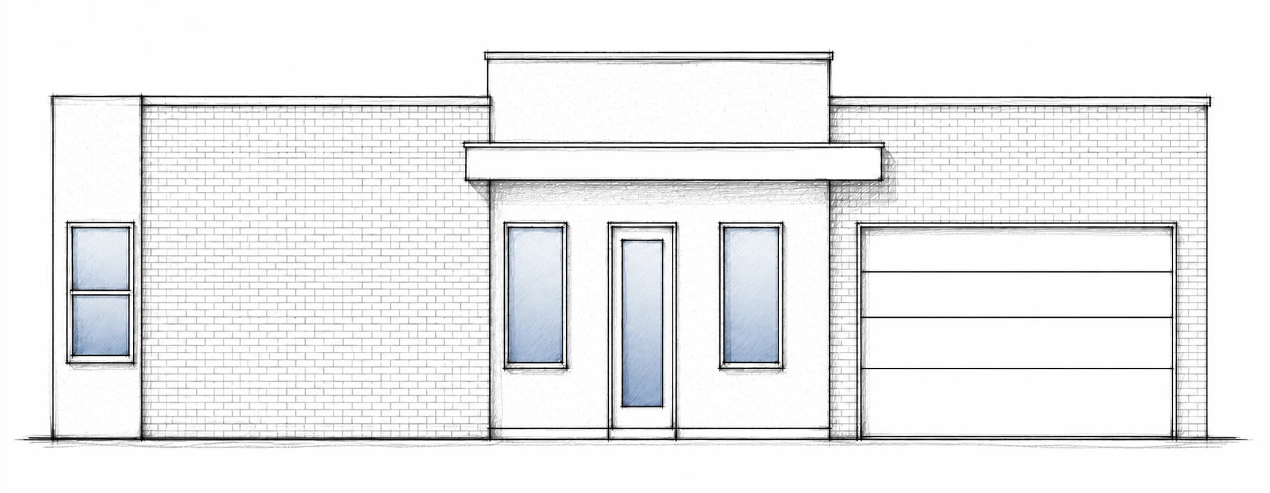 ASPEN A hand-drawn 2D architectural sketch of a contemporary flat-roof front elevation with broad brick-accented massing and a sheltered central entry.