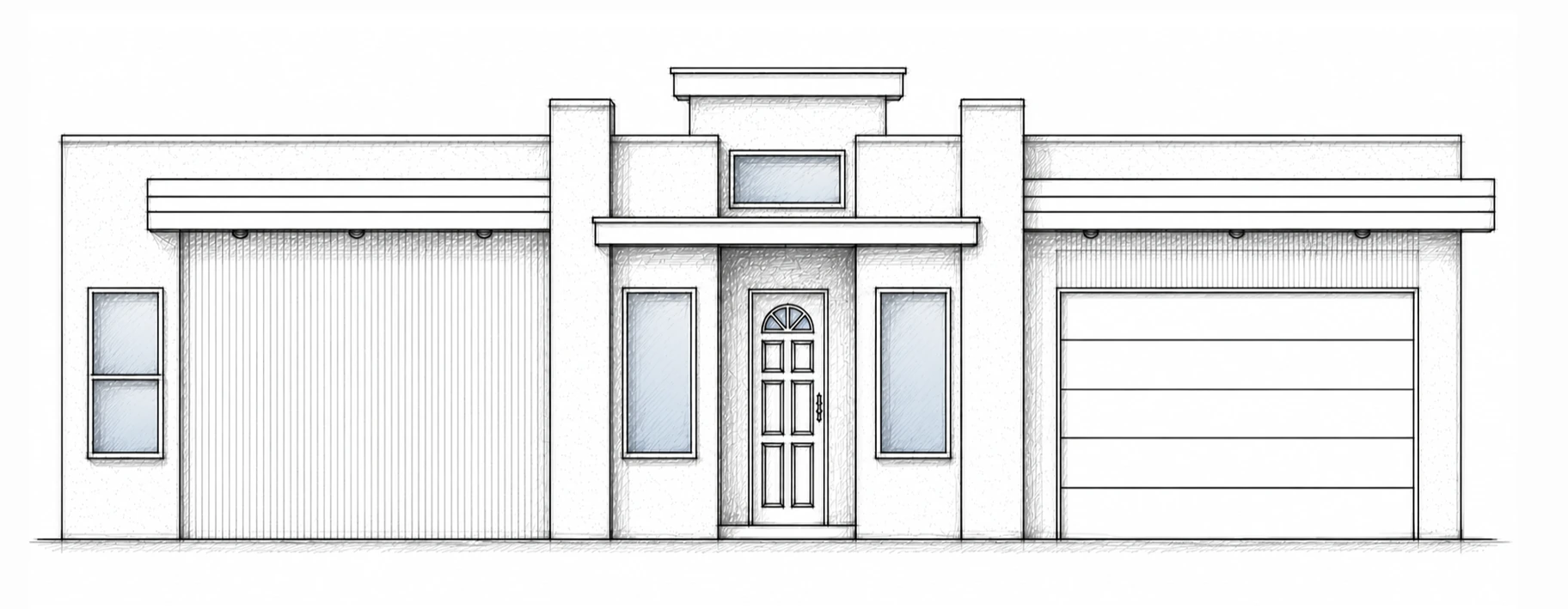 ASPEN B hand-drawn 2D architectural sketch of a contemporary flat-roof front elevation with balanced projecting bands and a central entry.