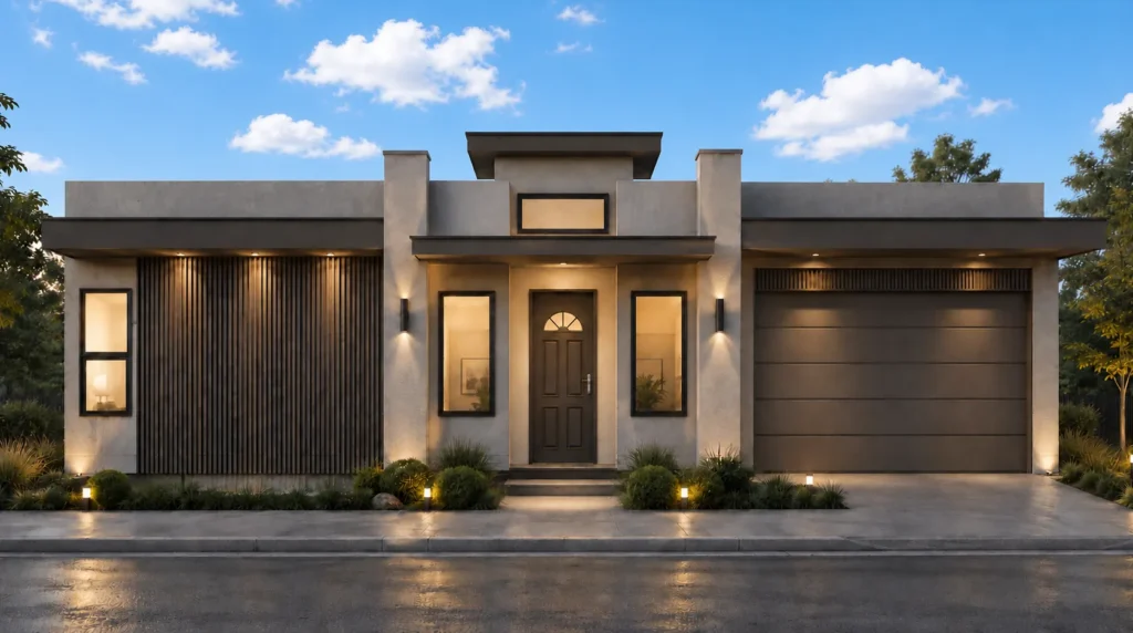 Aspen by Rise Homes with a centered covered entry, vertical dark slat accent, tall front windows, and right-side two-car garage.