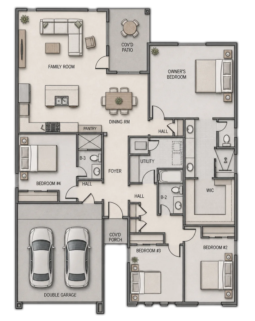 Illustrated AVA four-bedroom, three-bath floor plan with an easy-to-follow lifestyle flow from the covered porch and foyer to open dining, family and island kitchen spaces with pot filler and pantry, then to the owner's suite with walk-in closet and shower, three secondary bedrooms, utility room, covered patio and two-car garage.