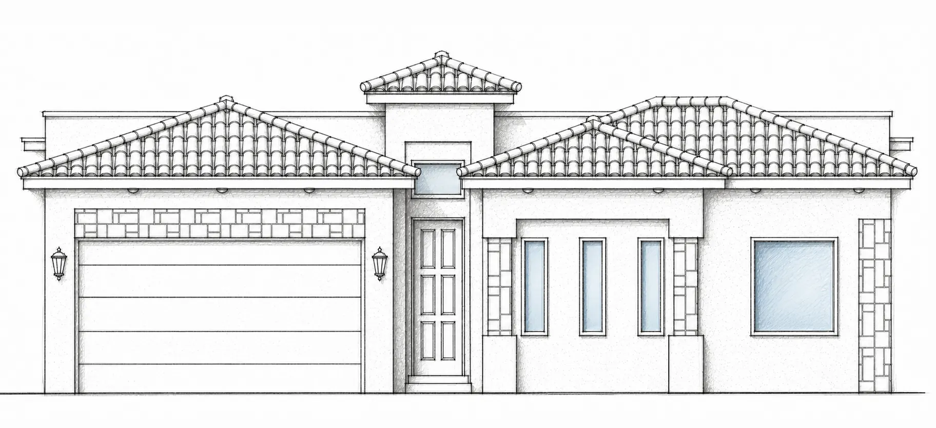 AVA B hand-drawn 2D architectural sketch of a Mediterranean-inspired front elevation with layered clay-tile roofs and a central entry tower.