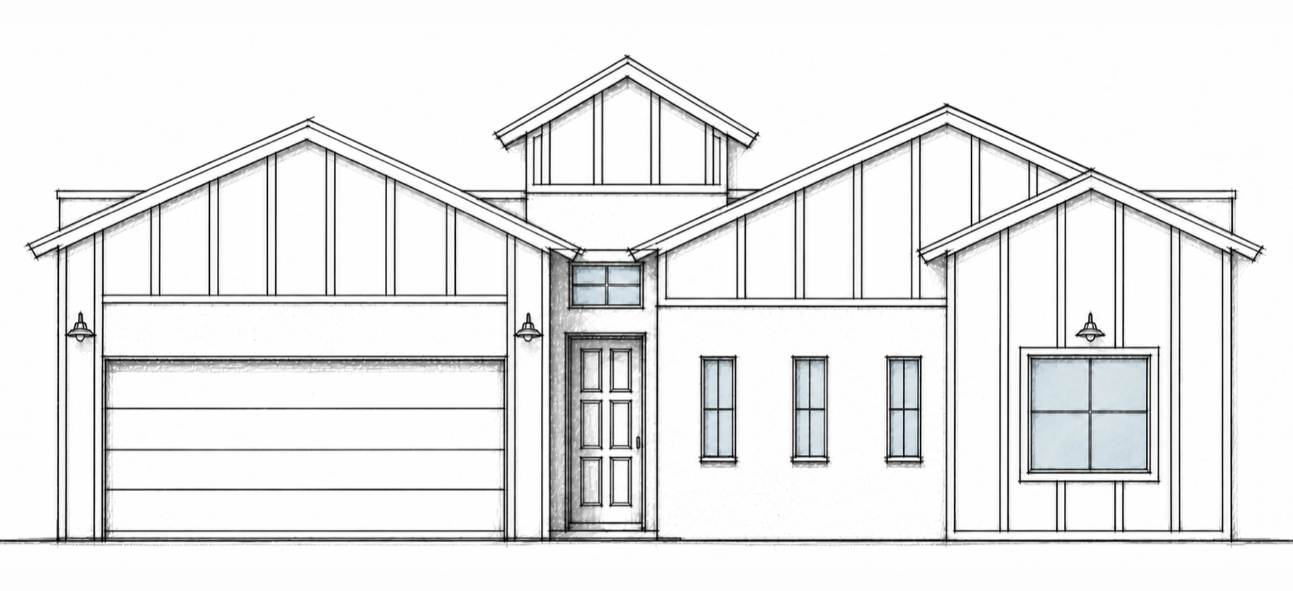 AVA C hand-drawn 2D architectural sketch of a modern farmhouse front elevation with multiple gables and board-and-batten accents.