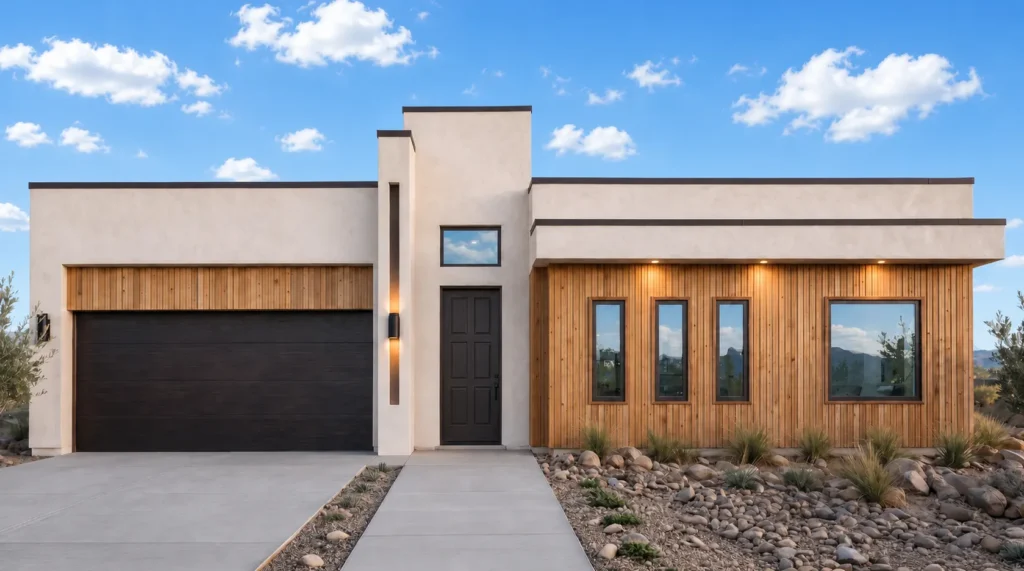Ava by Rise Homes with a flat-roof profile, left-side two-car garage, central entry tower, and wood-accented window wing.