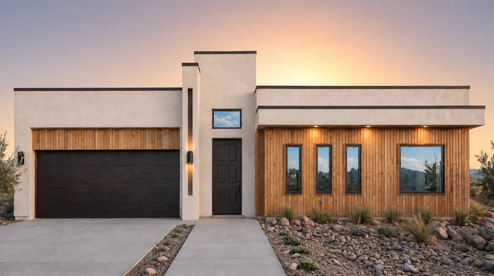 AVA by Rise Homes El Paso Las Cruces natural golden-hour illuminated NEW home soft sunrise glow centered behind the home warm pale gold/peach near the horizon