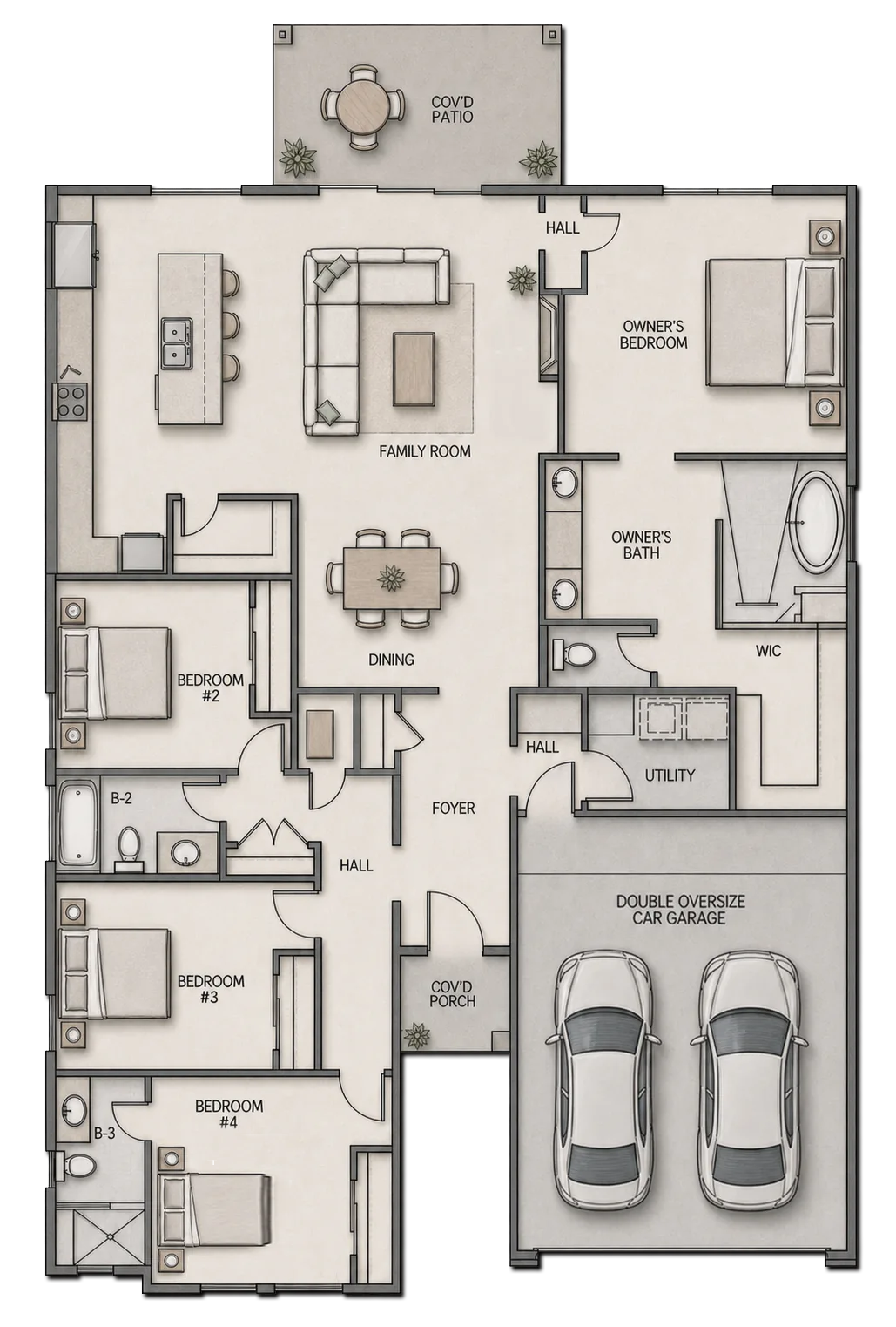 Illustrated BLANC four-bedroom, three-bath floor plan with an easy-to-follow lifestyle flow from the covered porch and foyer to the dining area, family room and island kitchen with pot filler, then to the owner's suite with freestanding tub, three secondary bedrooms, utility room, covered patio and oversized two-car garage.