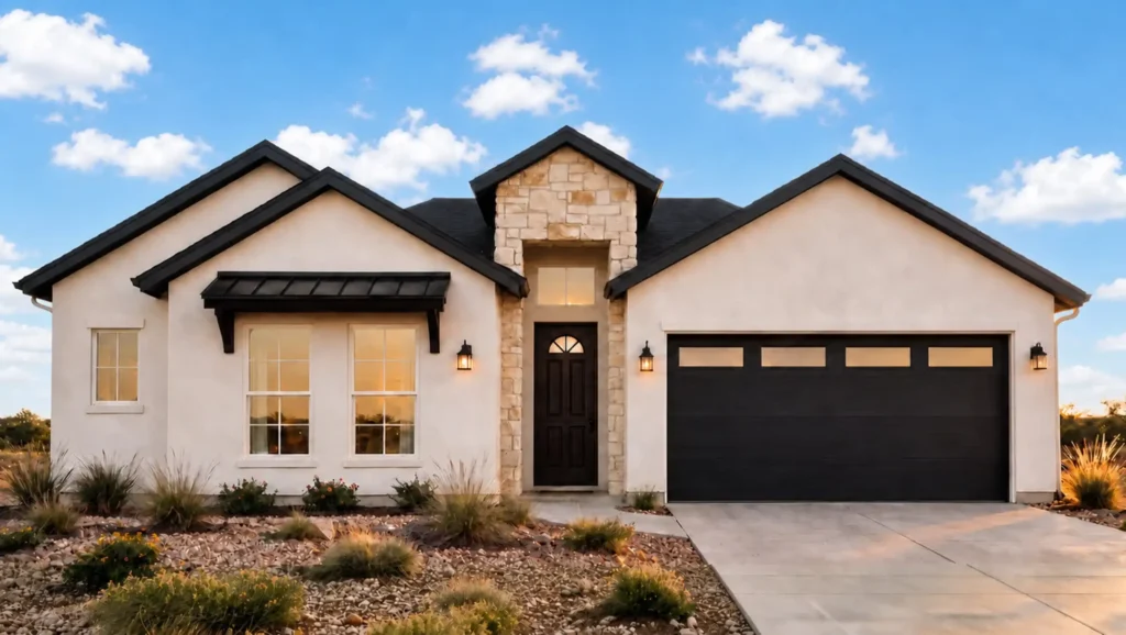 Blanc by Rise Homes with multiple gables, a stone-accented central entry, front window canopy, and right-side two-car garage.