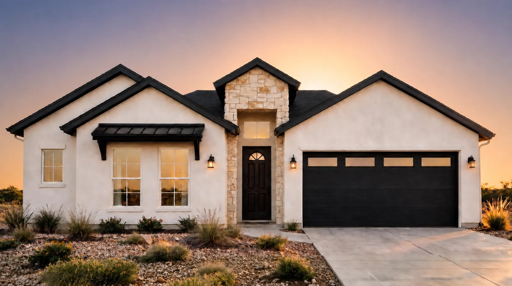 BLANC by Rise Homes El Paso Las Cruces natural golden-hour illuminated NEW home soft sunrise glow centered behind the home warm pale gold/peach near the horizon