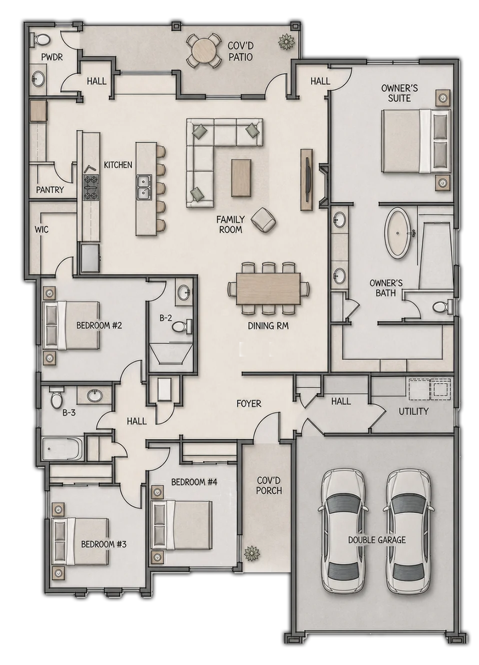 Illustrated BRITTON HILL four-bedroom, three-and-a-half-bath floor plan with an easy-to-follow lifestyle flow from the covered porch and foyer to open dining, family and island kitchen spaces with pot filler and pantry, then to the owner's suite with freestanding tub, three secondary bedrooms, powder room, utility room, covered patio and two-car garage.