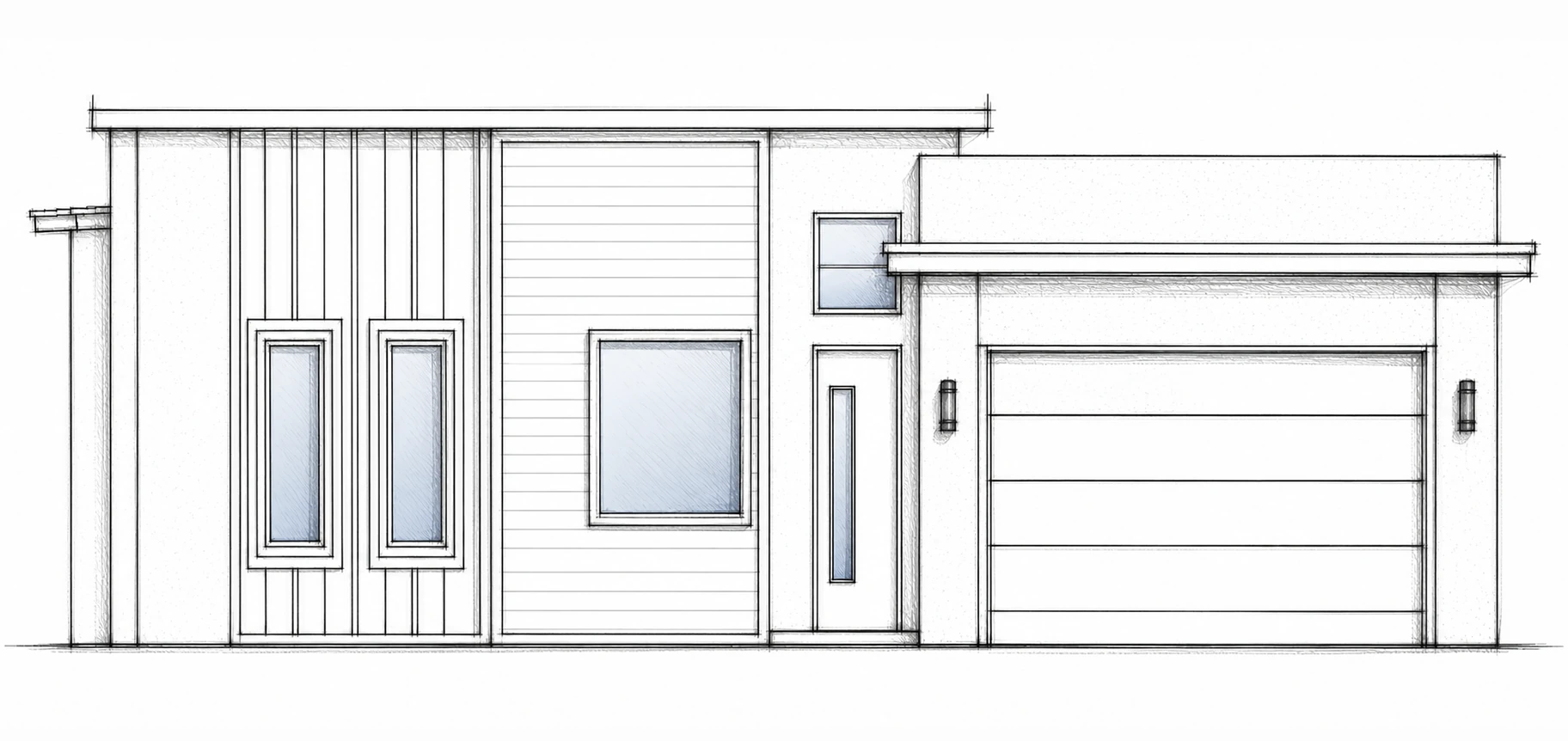 BRITTON HILL A hand-drawn 2D architectural sketch of an asymmetrical contemporary front elevation with layered flat roofs and tall framed windows.