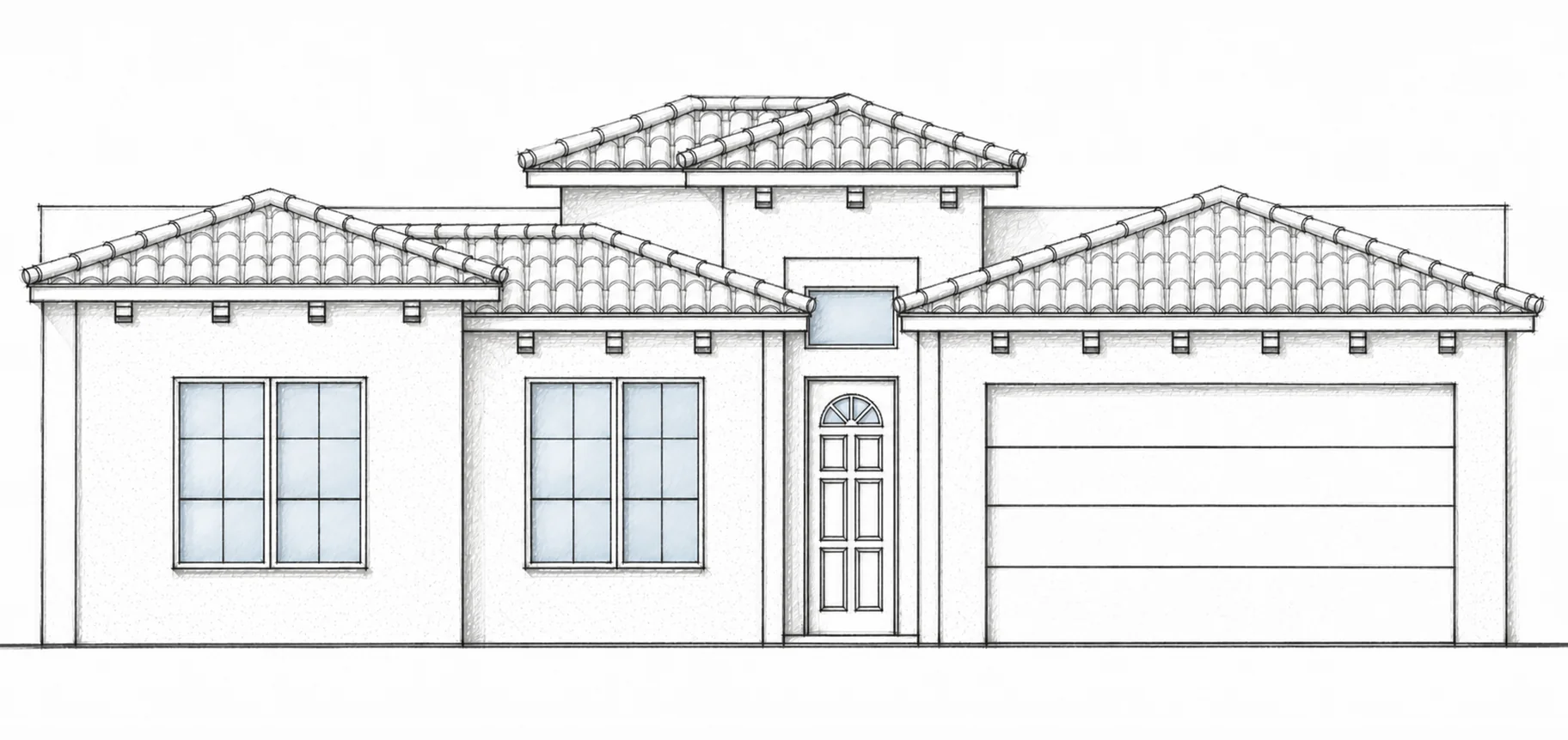 BRITTON HILL B hand-drawn 2D architectural sketch of a Spanish-inspired front elevation with layered hipped tile roofs and grouped windows.