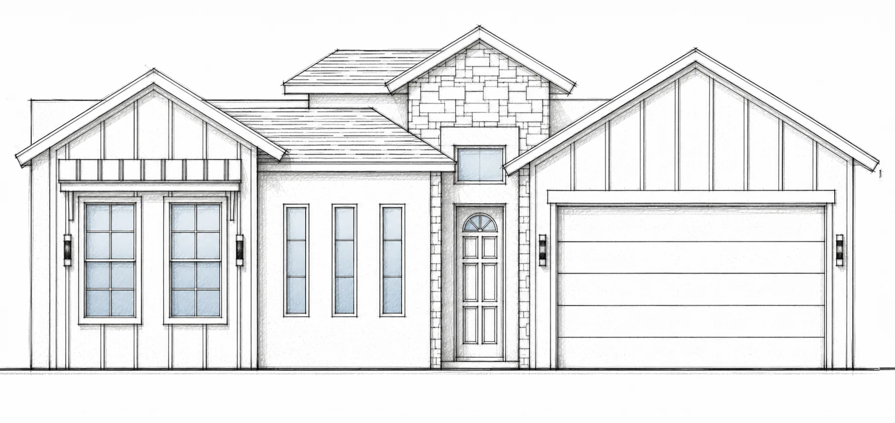 BRITTON HILL C hand-drawn 2D architectural sketch of a modern farmhouse front elevation with layered gables and stone tower accents.