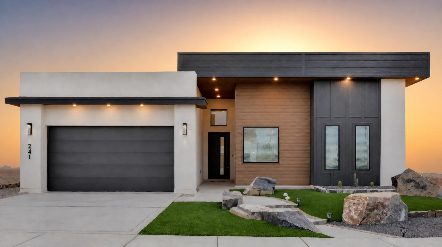 BRITTON HILL by Rise Homes El Paso Las Cruces natural golden-hour illuminated NEW home soft sunrise glow centered behind the home warm pale gold/peach near the horizon