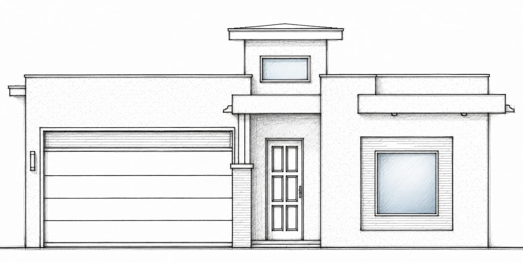 CASTLE PEAK A hand-drawn 2D architectural sketch of a contemporary flat-roof front elevation with a left two-car garage and sheltered central entry.