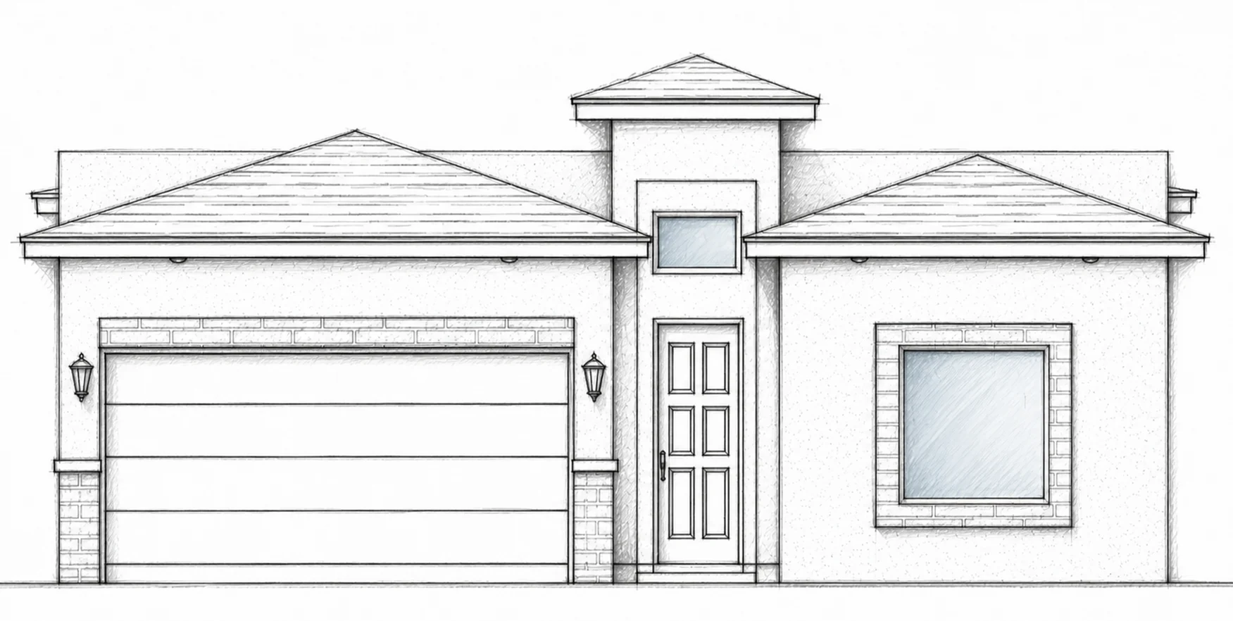 CASTLE PEAK B hand-drawn 2D architectural sketch of a transitional front elevation with low hipped roofs and a central tower entry.