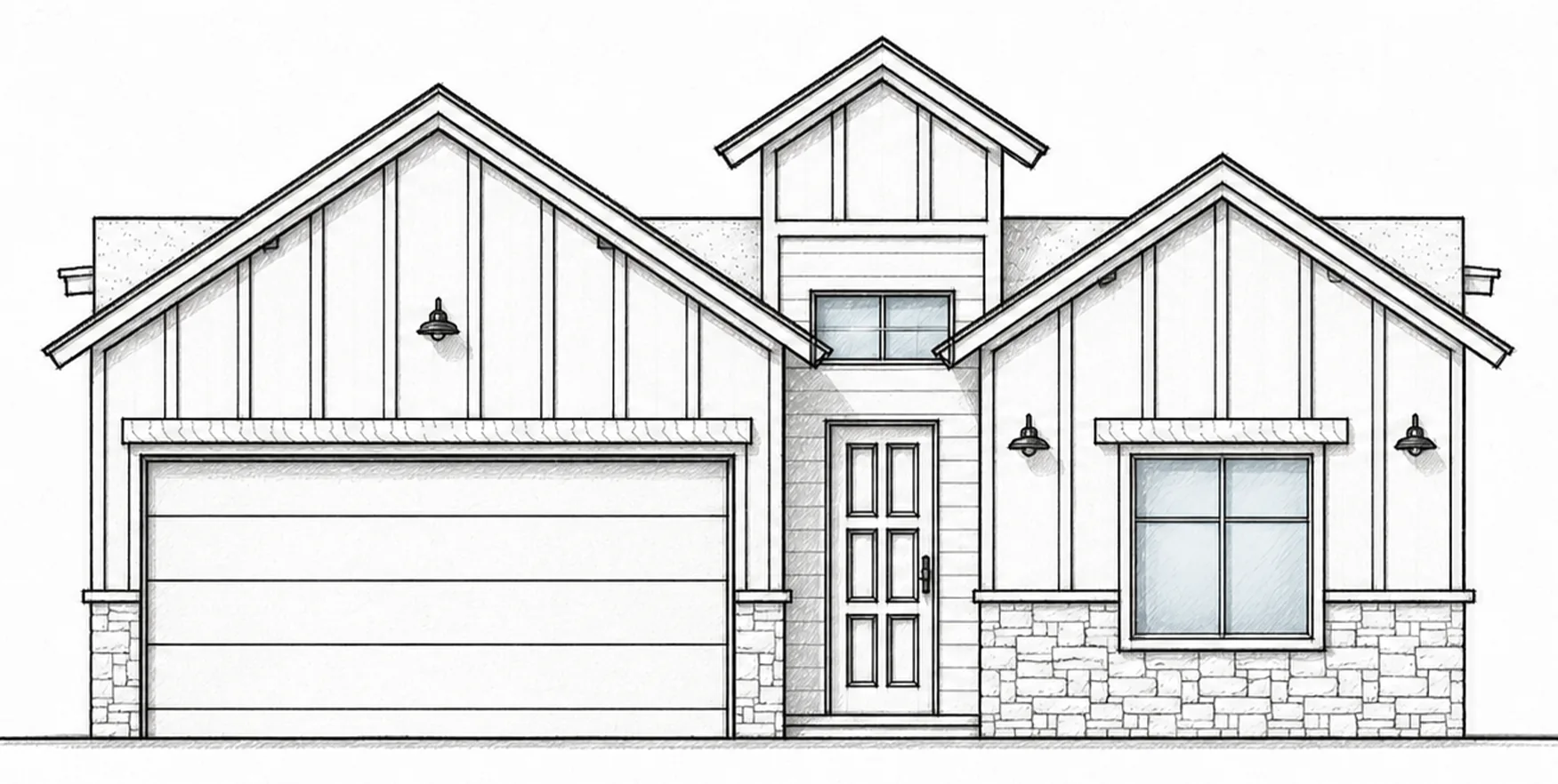 CASTLE PEAK C hand-drawn 2D architectural sketch of a modern farmhouse front elevation with three prominent gables and board-and-batten siding.
