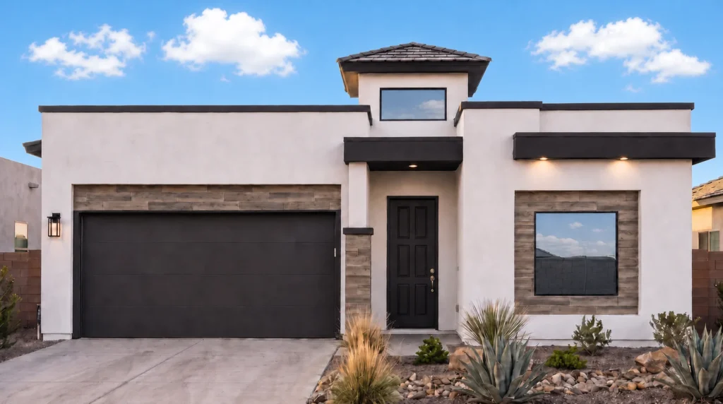 Castle Peak by Rise Homes with a flat-roof façade, central tower entry, two-car garage, and framed front window.
