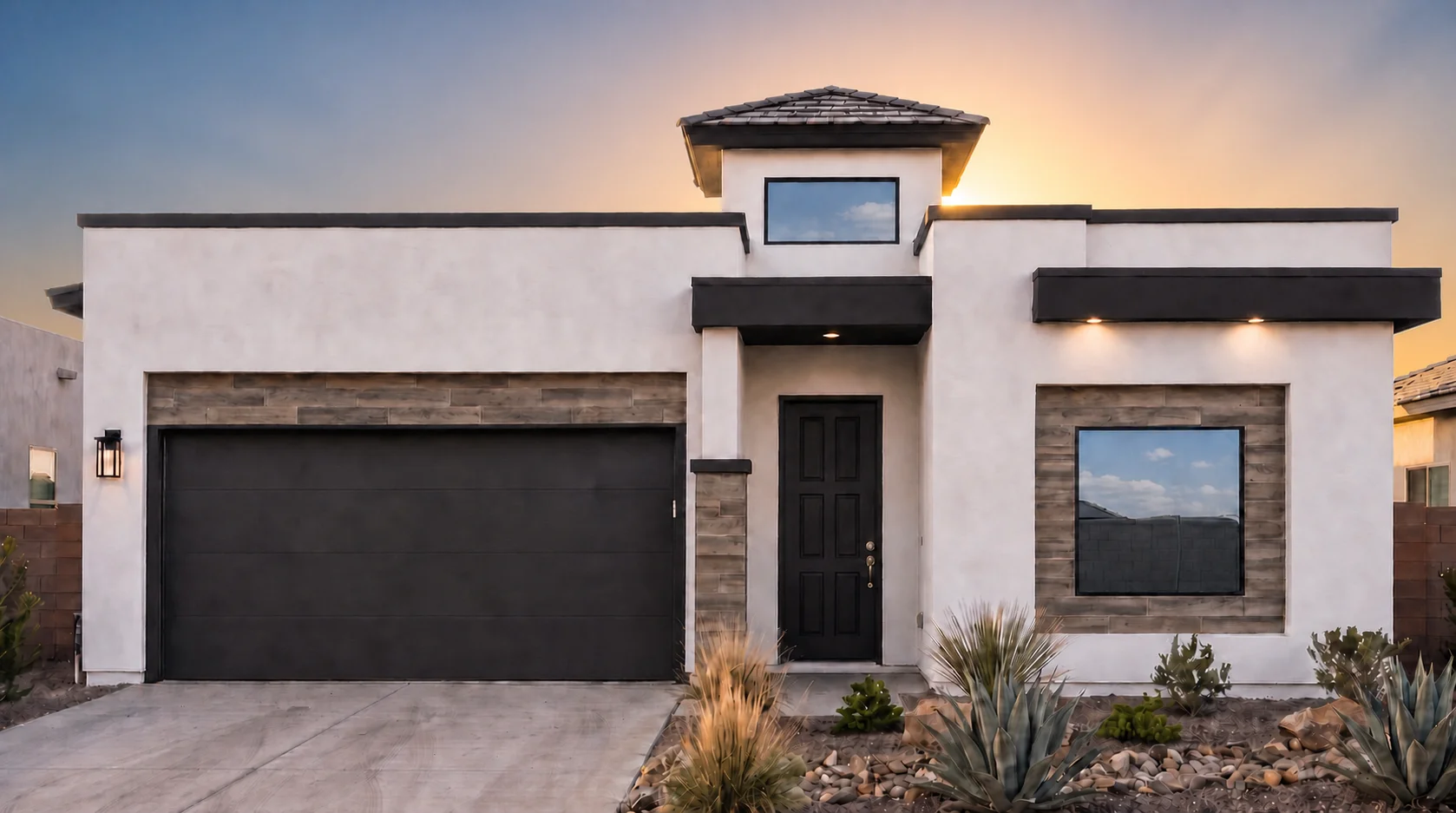 CASTLE PEAK by Rise Homes El Paso Las Cruces natural golden-hour illuminated NEW home soft sunrise glow centered behind the home warm pale gold/peach near the horizon