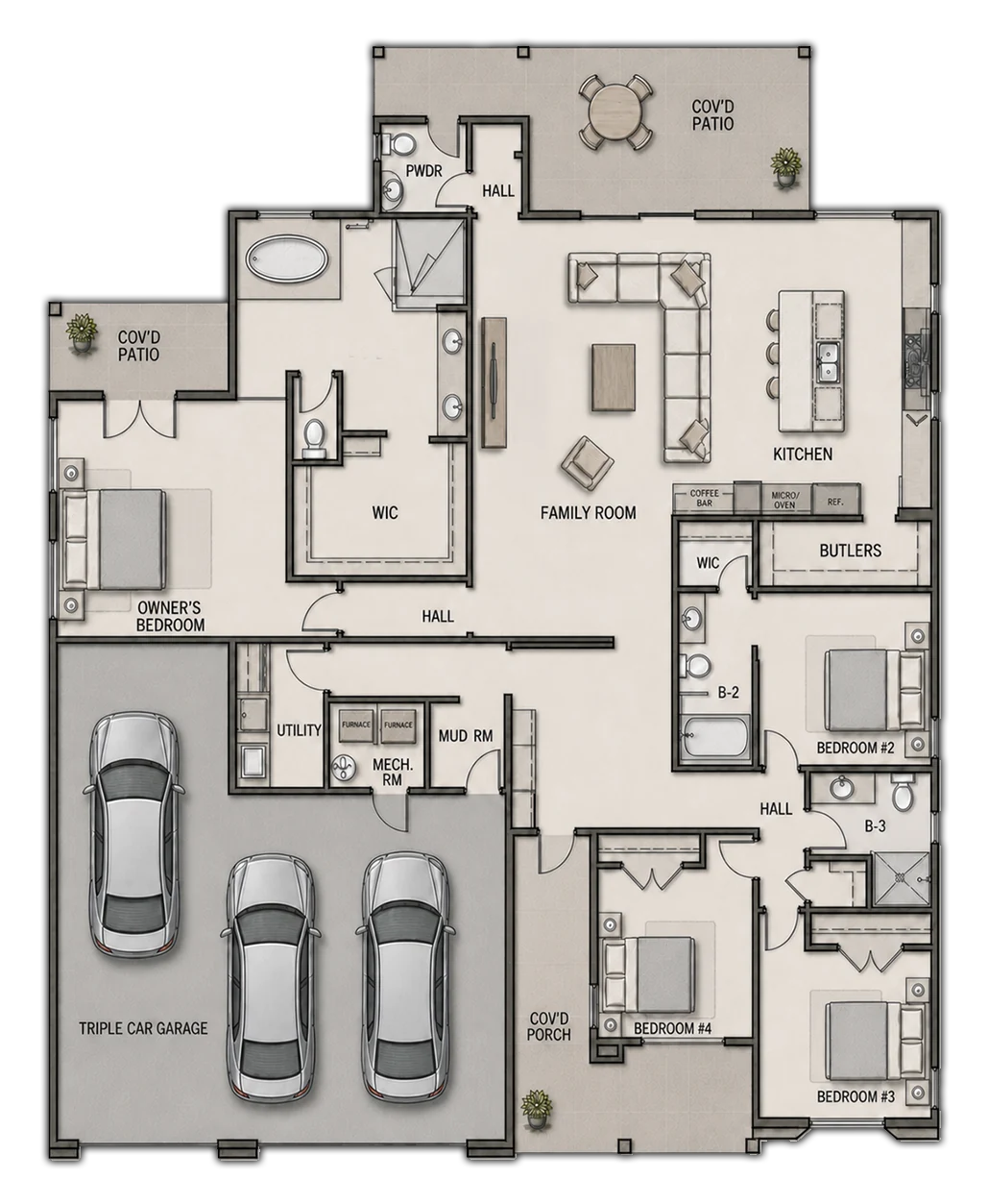 Illustrated CLOUD PEAK four-bedroom, three-and-a-half-bath floor plan with an easy-to-follow lifestyle flow from the covered porch into the family room and gourmet island kitchen with pot filler and butler's pantry, then to the owner's suite with freestanding tub, three secondary bedrooms, powder room, mud and utility spaces, two covered patios and three-car garage.