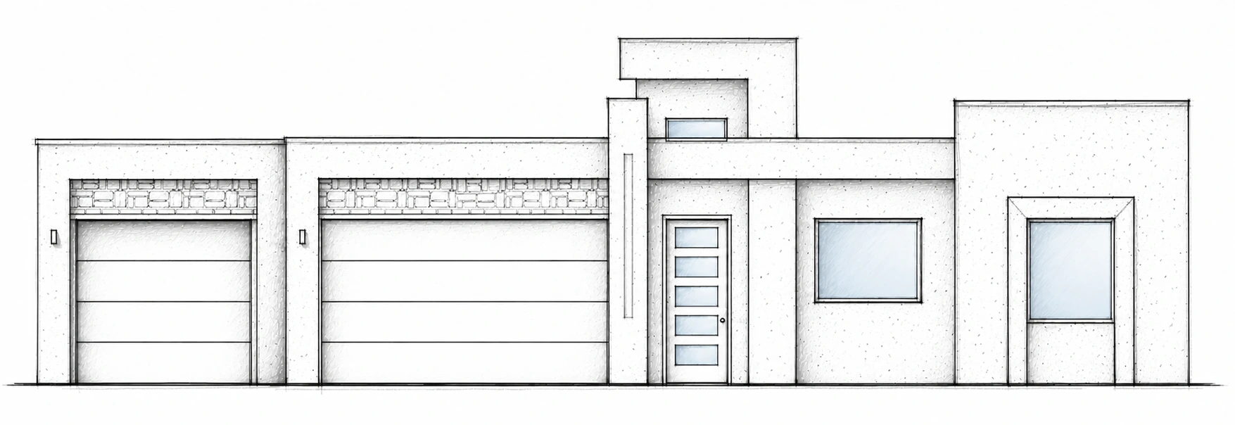 CLOUD PEAK A hand-drawn 2D architectural sketch of a contemporary flat-roof front elevation with stepped parapets and a three-car garage arrangement.