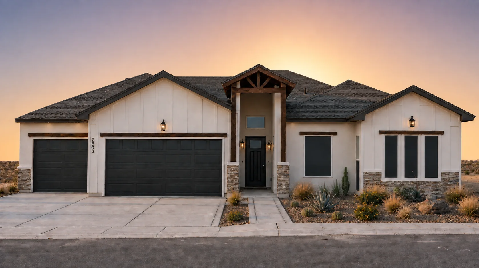 CLOUD PEAK C Rise Homes El Paso Las Cruces natural golden-hour illuminated NEW home soft sunrise glow centered behind the home warm pale gold/peach near the horizon