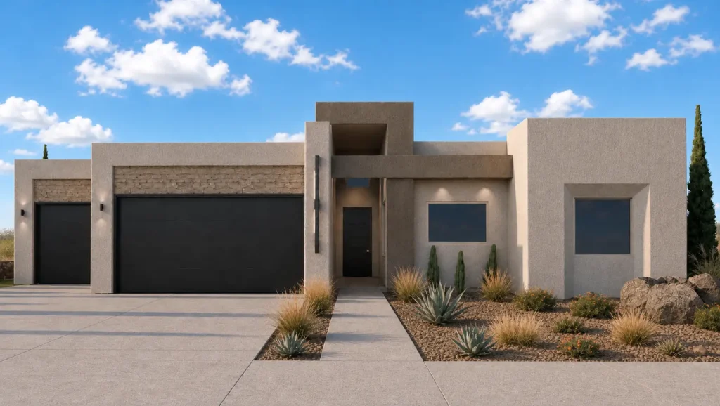 Cloud Peak A by Rise Homes with a low flat-roof form, recessed entry, three-car garage configuration, and geometric front windows.