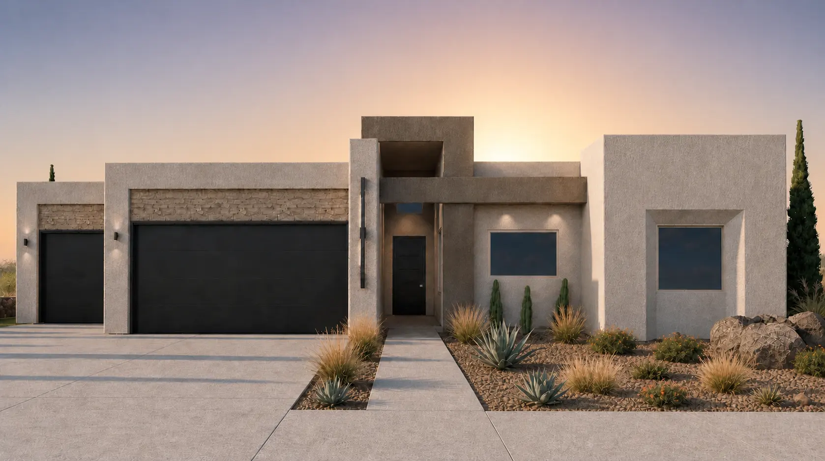 CLOUD PEAK A by Rise Homes El Paso Las Cruces natural golden-hour illuminated NEW home soft sunrise glow centered behind the home warm pale gold/peach near the horizon
