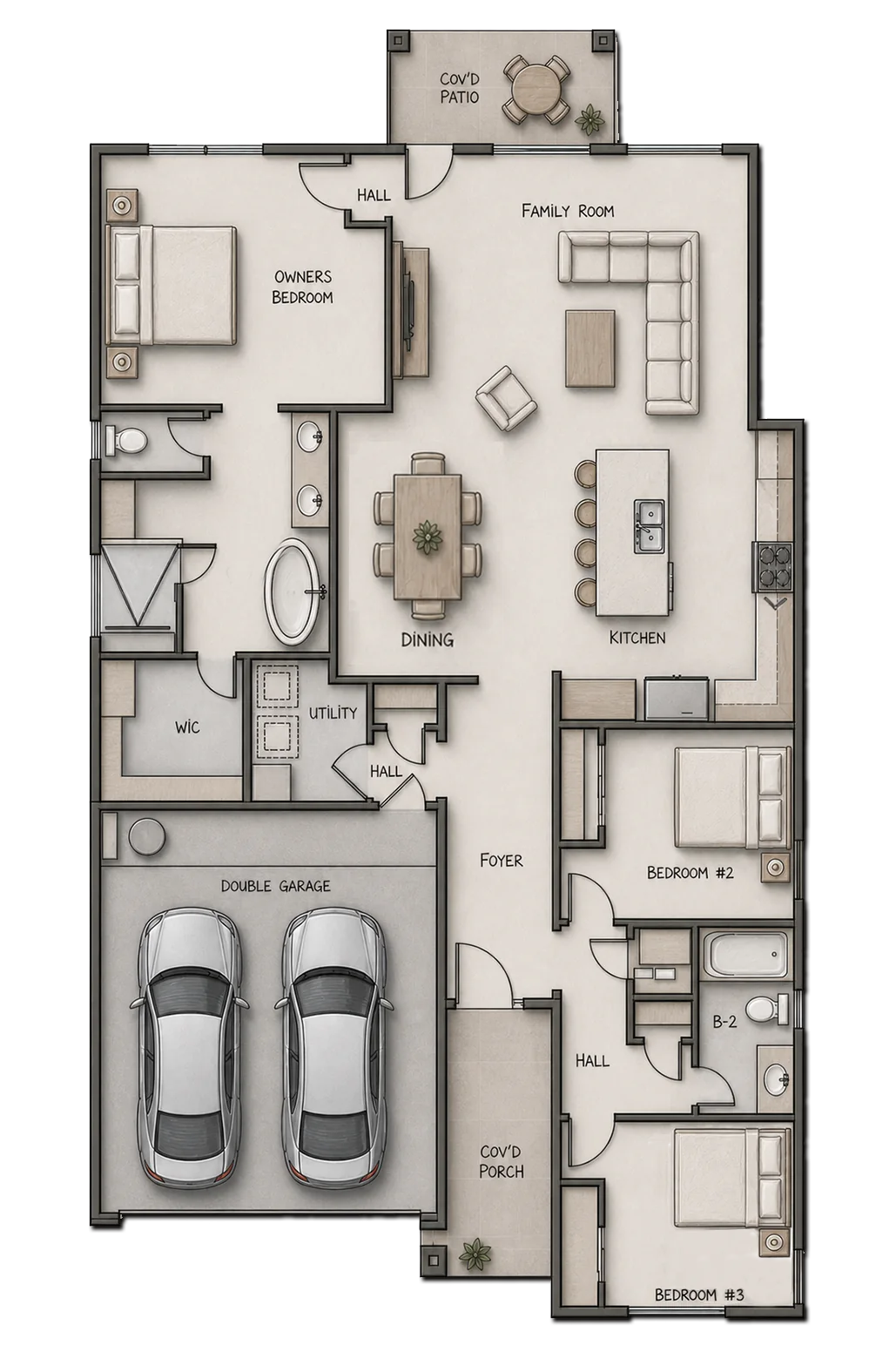 Illustrated CASTLE PEAK three-bedroom, two-bath floor plan with an easy-to-follow lifestyle flow from the covered porch and foyer to the island kitchen with pot filler, dining area and family room, then to the owner's suite with freestanding tub, two secondary bedrooms, utility room, covered patio and two-car garage.