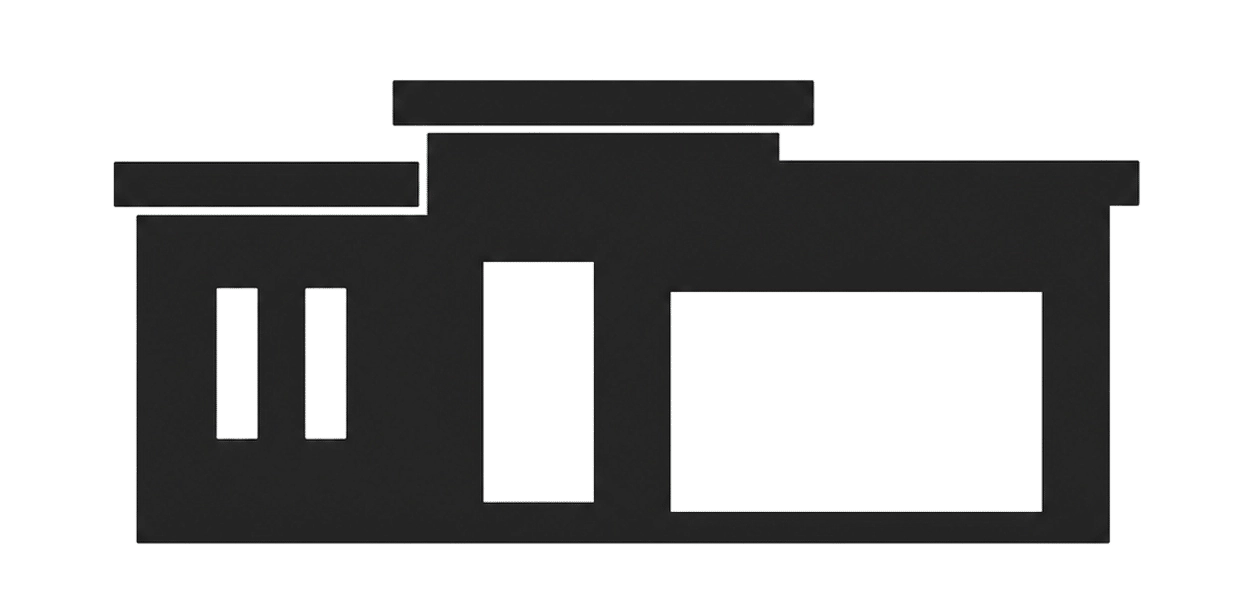 Contemporary home-style silhouette with stepped flat rooflines, narrow vertical windows, a recessed entry, and a wide garage opening.