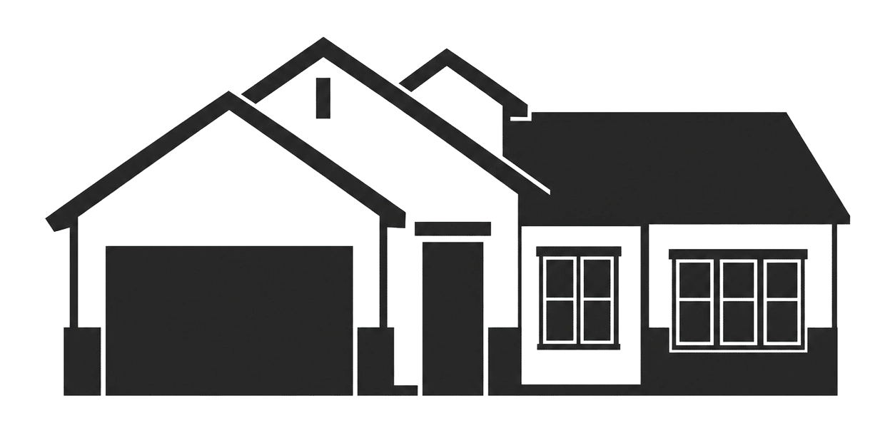 Farmhouse home-style silhouette with layered gables, an attached garage, offset entry, and grouped front windows.