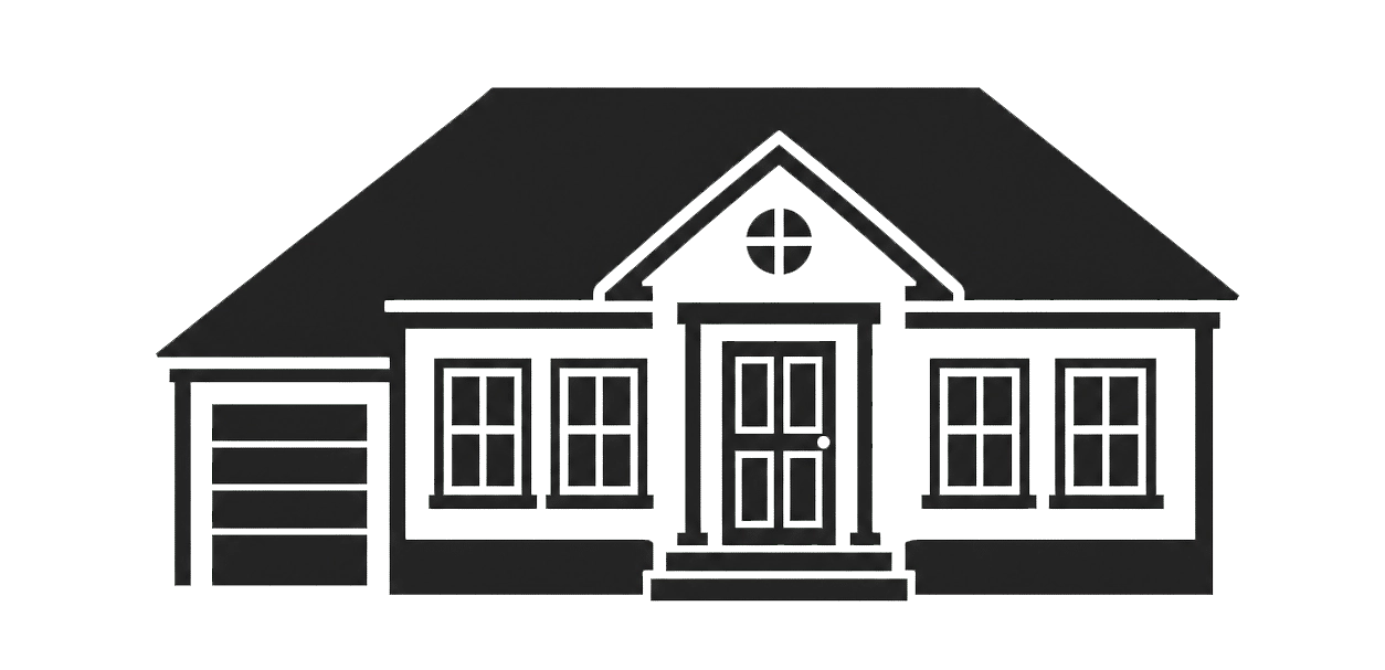 Traditional home-style silhouette with a centered porch, cross-gable roof, balanced windows, and a single-car side garage.