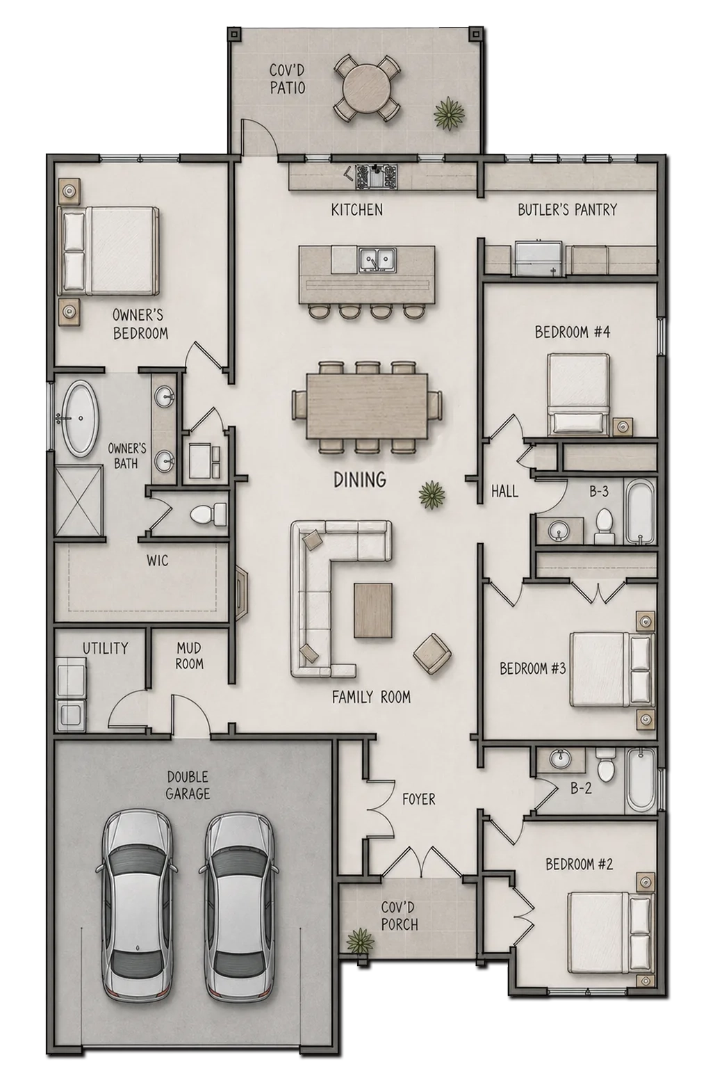 Illustrated IVORY four-bedroom, three-bath floor plan with an easy-to-follow lifestyle flow from the covered porch and foyer through the family room and dining area to a gourmet island kitchen with pot filler and butler's pantry, then to the owner's suite with freestanding tub, three secondary bedrooms, mud and utility rooms, covered patio and two-car garage.