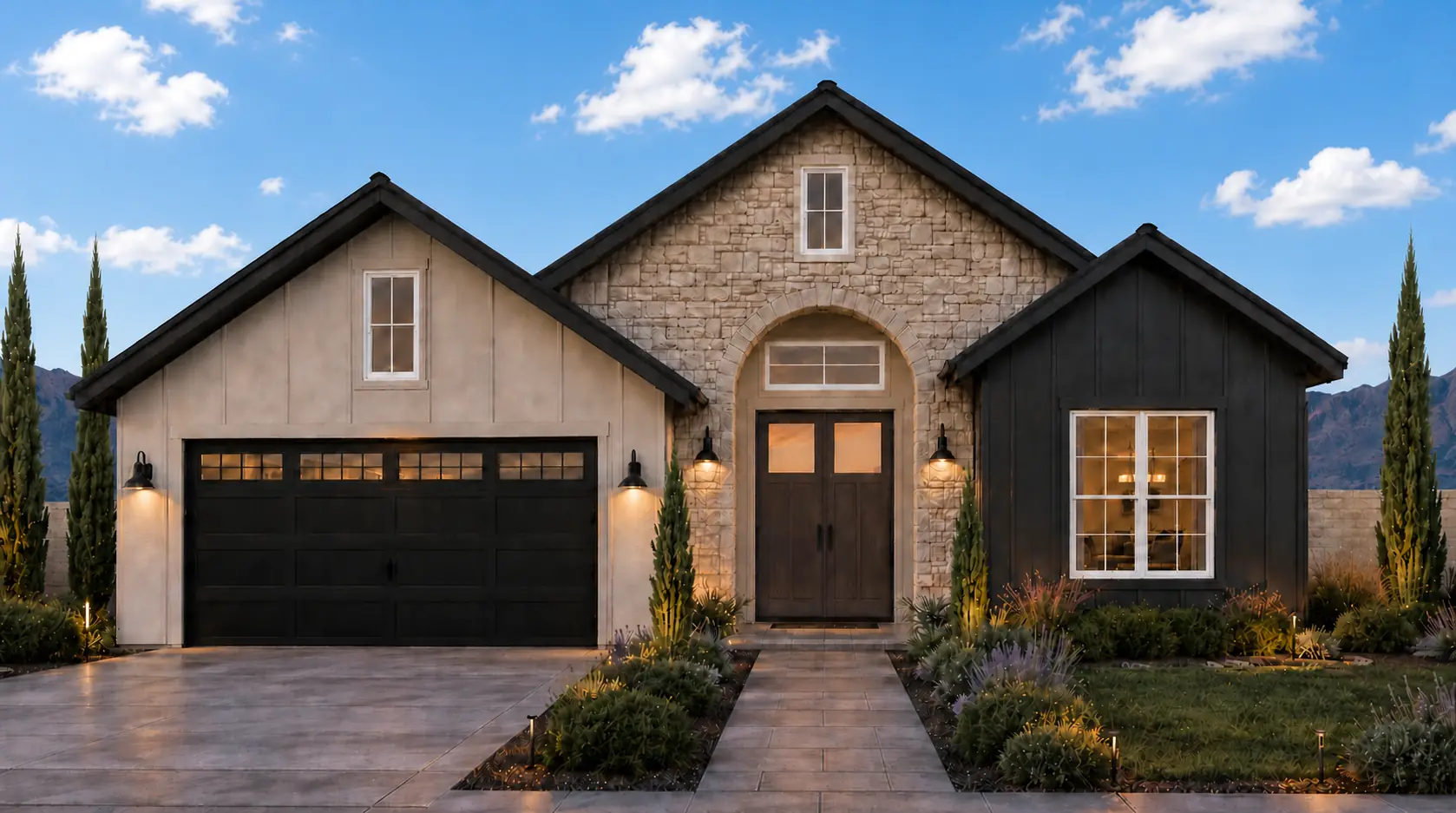 Ivory by Rise Homes with three prominent gables, a stone-framed arched entry, double front doors, and left-side two-car garage.