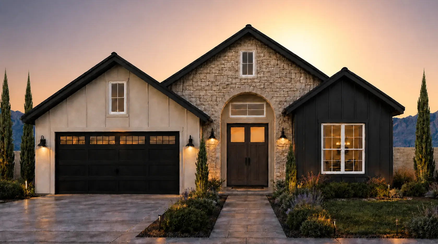 IVORY by Rise Homes El Paso Las Cruces natural golden-hour illuminated NEW home soft sunrise glow centered behind the home warm pale gold/peach near the horizon
