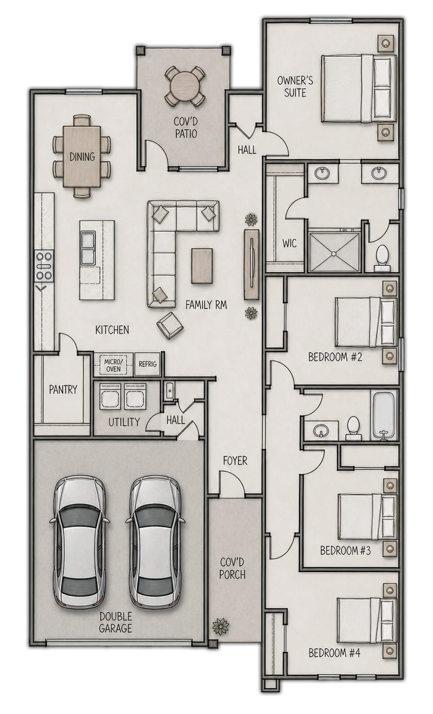 Illustrated MEADOW four-bedroom, two-bath floor plan with an easy-to-follow lifestyle flow from the covered porch and foyer to an open family room, dining area and island kitchen with pot filler and pantry, then to the owner's suite with walk-in closet and shower, three secondary bedrooms, utility room, covered patio and two-car garage.