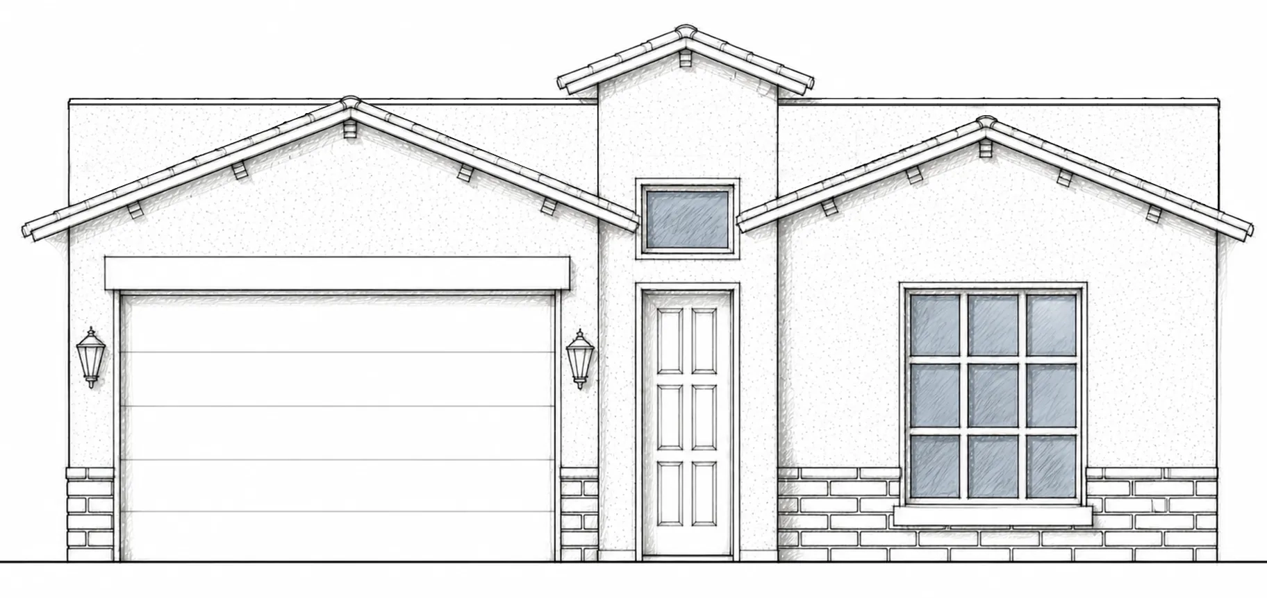 MEADOW B hand-drawn 2D architectural sketch of a Spanish-inspired front elevation with layered clay-tile gables and a left two-car garage.
