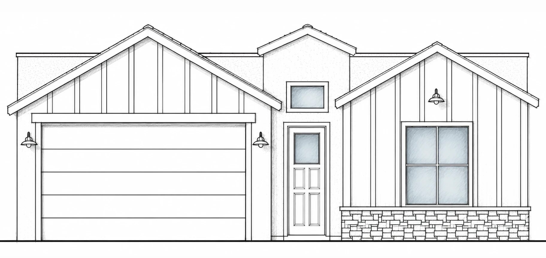 MEADOW C hand-drawn 2D architectural sketch of a modern farmhouse front elevation with layered gables and clay-tile roofing.