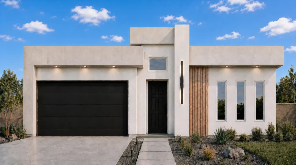 Meadow by Rise Homes with a minimalist flat-roof façade, left-side two-car garage, recessed entry, and vertical wood screen.