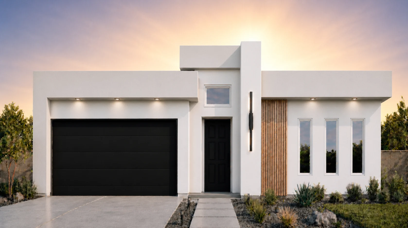 MEADOW by Rise Homes El Paso Las Cruces natural golden-hour illuminated NEW home soft sunrise glow centered behind the home warm pale gold/peach near the horizon