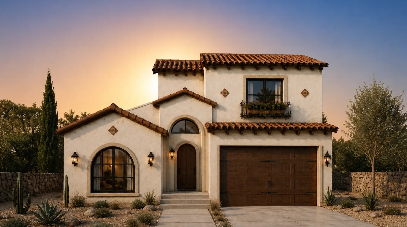 MONTE ROSA by Rise Homes El Paso Las Cruces natural golden-hour illuminated NEW home soft sunrise glow centered behind the home warm pale gold/peach near the horizon