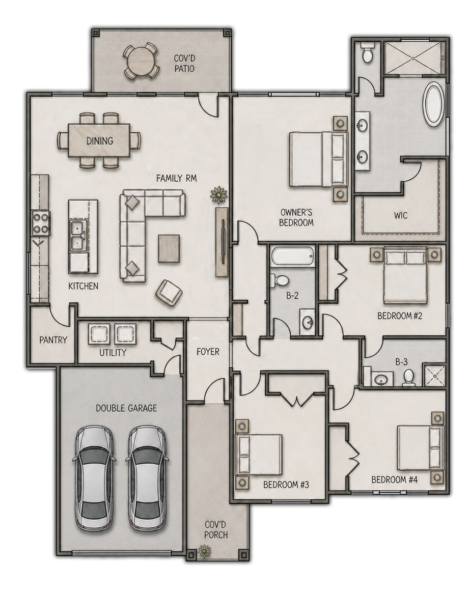Illustrated McKINLEY four-bedroom, three-bath floor plan with an easy-to-follow lifestyle flow from the covered porch and foyer to an open family room, dining area, island kitchen with pot filler and pantry, then to the owner's suite with freestanding tub, secondary bedrooms, utility room, covered patio and two-car garage.